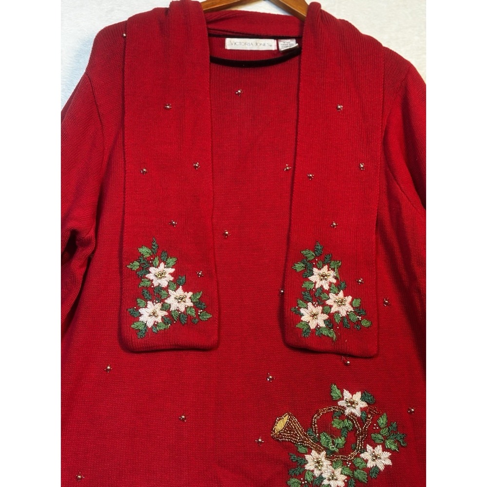 Vtg Victoria Jones Beaded Christmas Sweater Womens XL Red Embroidery Festive 90s
